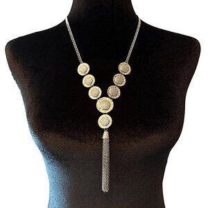 Artsy Sunflower Tassel Necklace Silver Tone Adjustable Length
